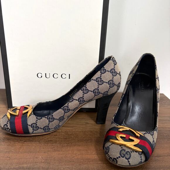GUCCI Interlocking GG Monogram Web Canvas Heels 37.5 Box Authenticated COA 7.5 - Picture 1 of 14